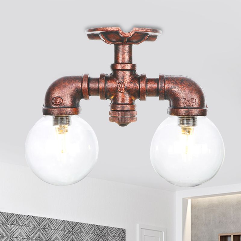 Boule d'éclairage semi-montée en cuivre et verre transparent, 2 lumières, lampe LED antique encastrée