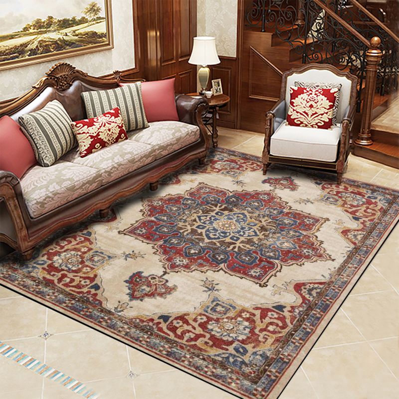 Retro Multicolor Moroccan Rug Synthetics Floral Patterned Rug Anti-Slip Washable Pet Friendly Carpet for Family Room