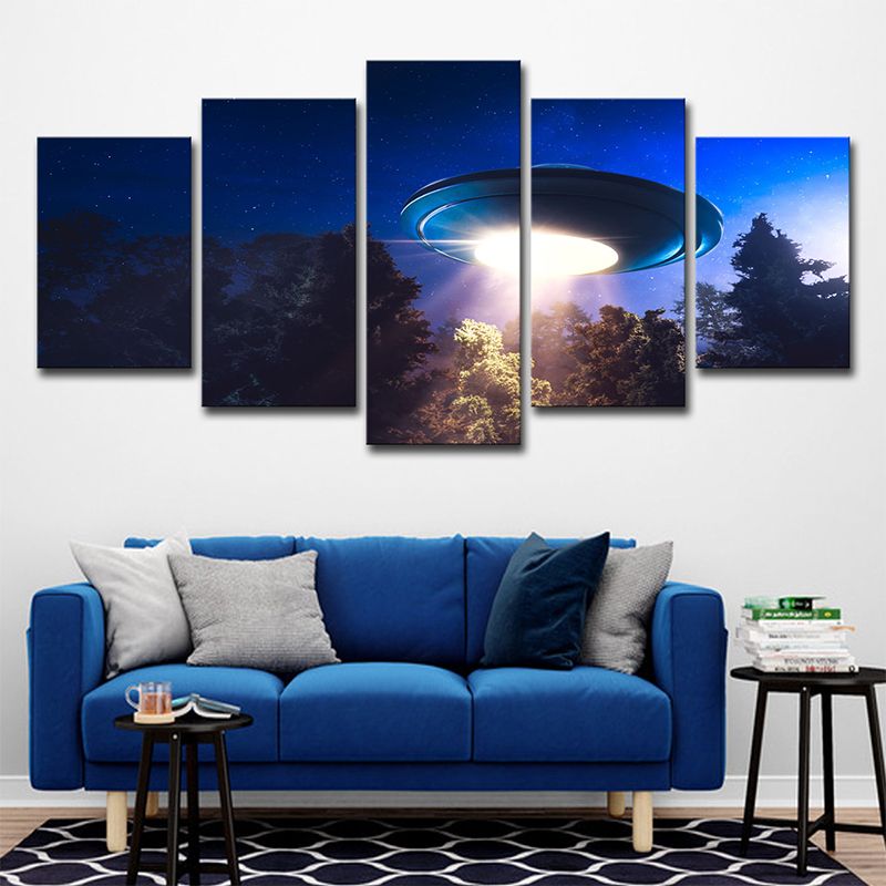 Kids Alien Flying Saucer Canvas Art Dark Blue Multi-Piece Wall Decor for Bedroom