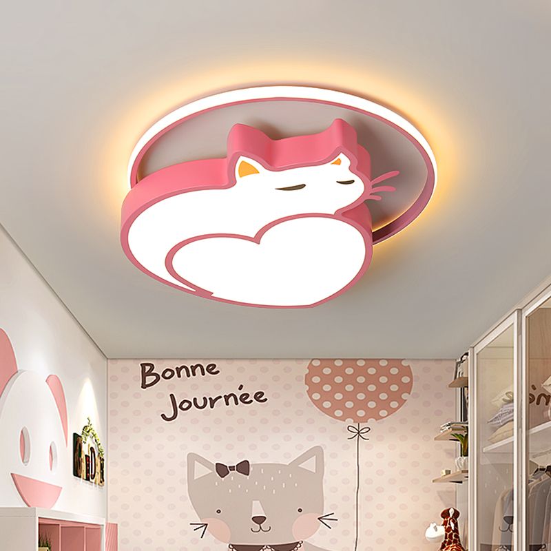 Accesorio montado en el techo con forma de gato rosa, iluminación empotrada LED acrílica de estilo infantil con anillo para dormitorio en luz blanca/cálida