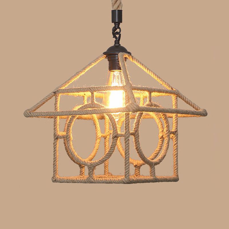1 Bulb Hanging Light Rustic Style Wrapped Hemp Rope Pendant Light Fixture in Brown