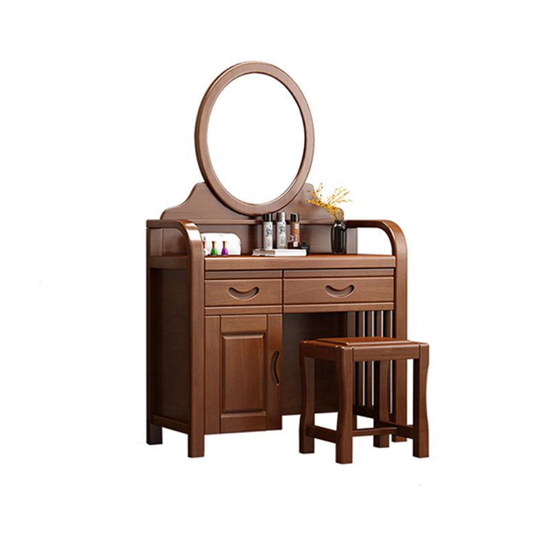 Traditional 2-Drawer Solid Wood Dressing Table with Mirror Makeup Vanity Stool