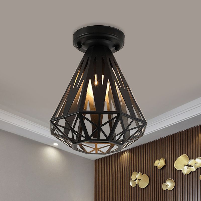 1-Light Flush Mount Ceiling Light Fixture Simple Small Diamond Cage Iron Flushmount in Black/White