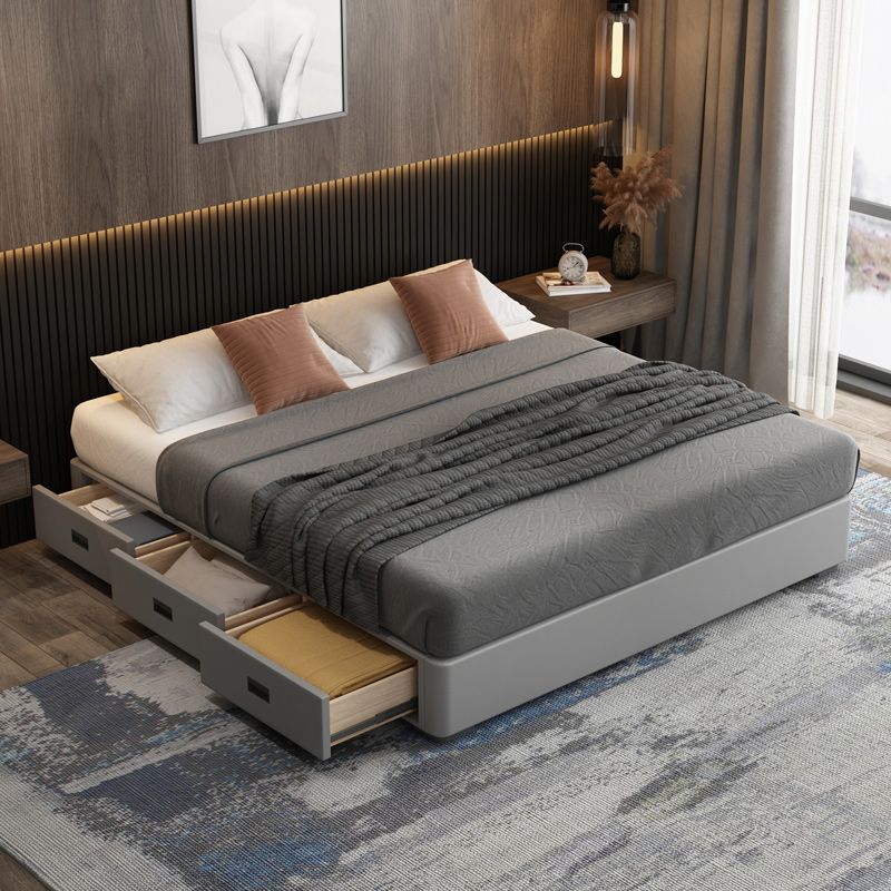 Contemporary Low Mattress Included Bed Frame Grey Upholstered Tufted Bed with 3 Drawers