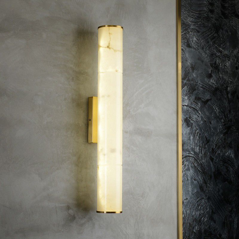 Marble Tube LED Sconce Light Fixture Simplicity White and Brass Wall Lamp for Living Room