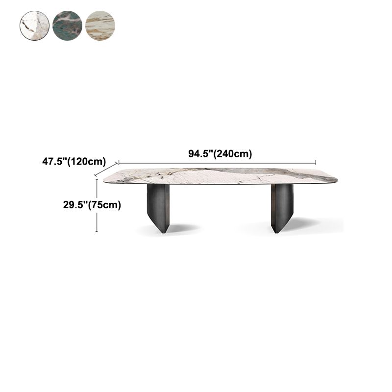 Rectangular Stone Dining Table Modern Green White Gold Furniture with Double Pedestal