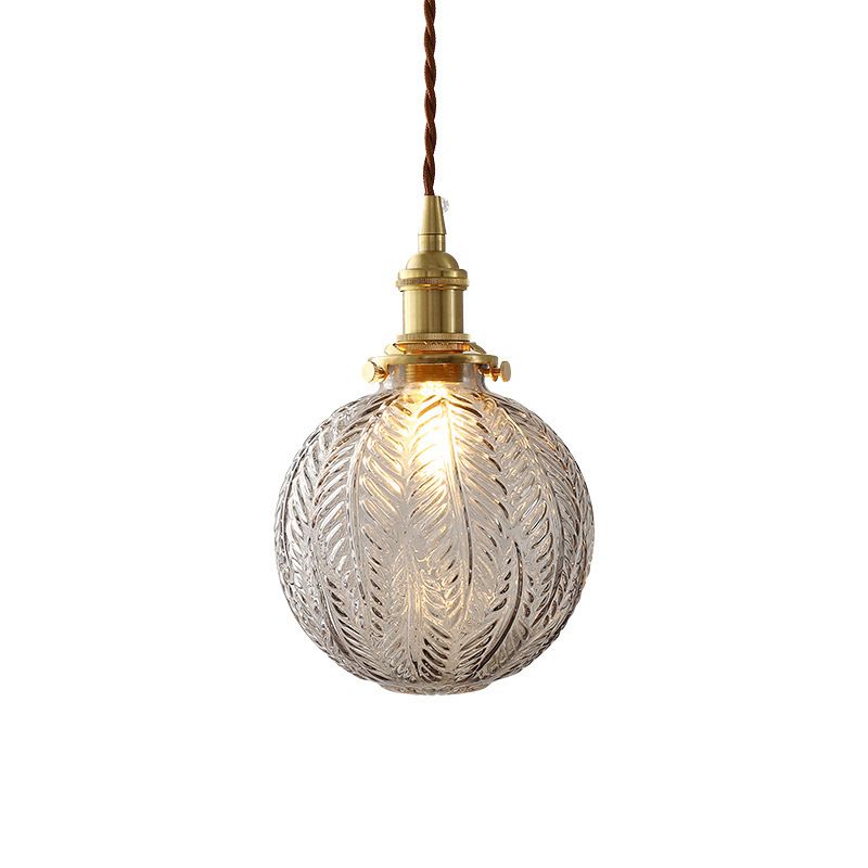 1 Head Spherical Pendant Light Kit Warehouse Brass Finish Clear Textured Glass Hanging Lamp Kit