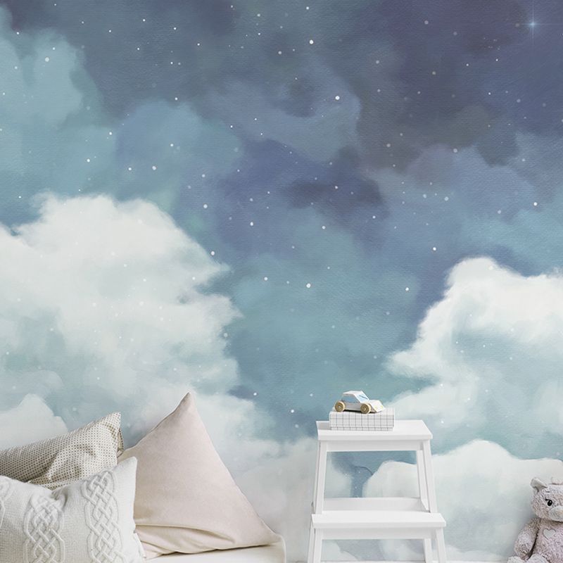 Fresh Mural Wallpaper for Living Room, Pastel Blue and White Cloudy Sky and Star, Made to Measure