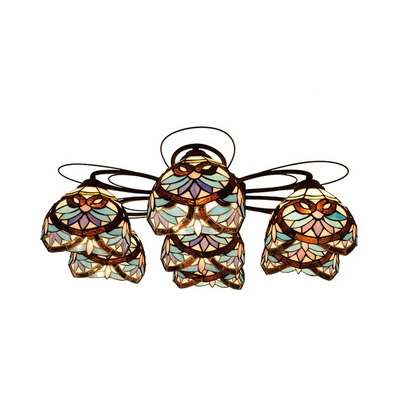 Plafonnier en verre teinté Tiffany, 3/7/9 têtes, éclairage Semi-encastré jaune/vert