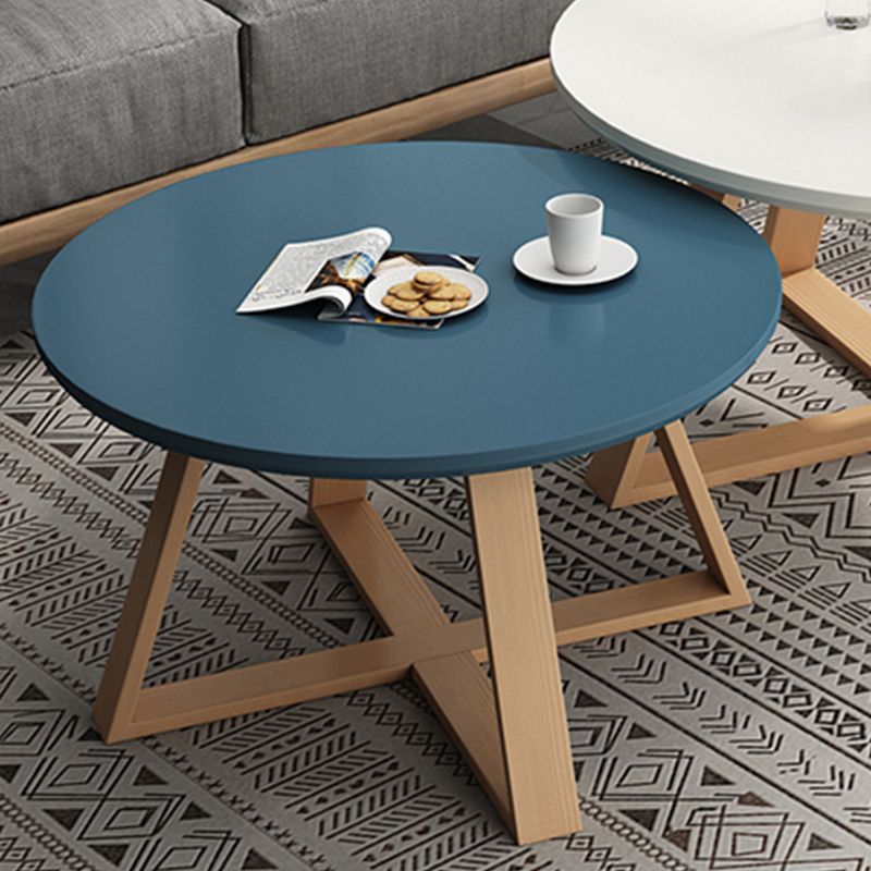 Contemporary Round Wood Coffee Table Cross Legs Cocktail Table