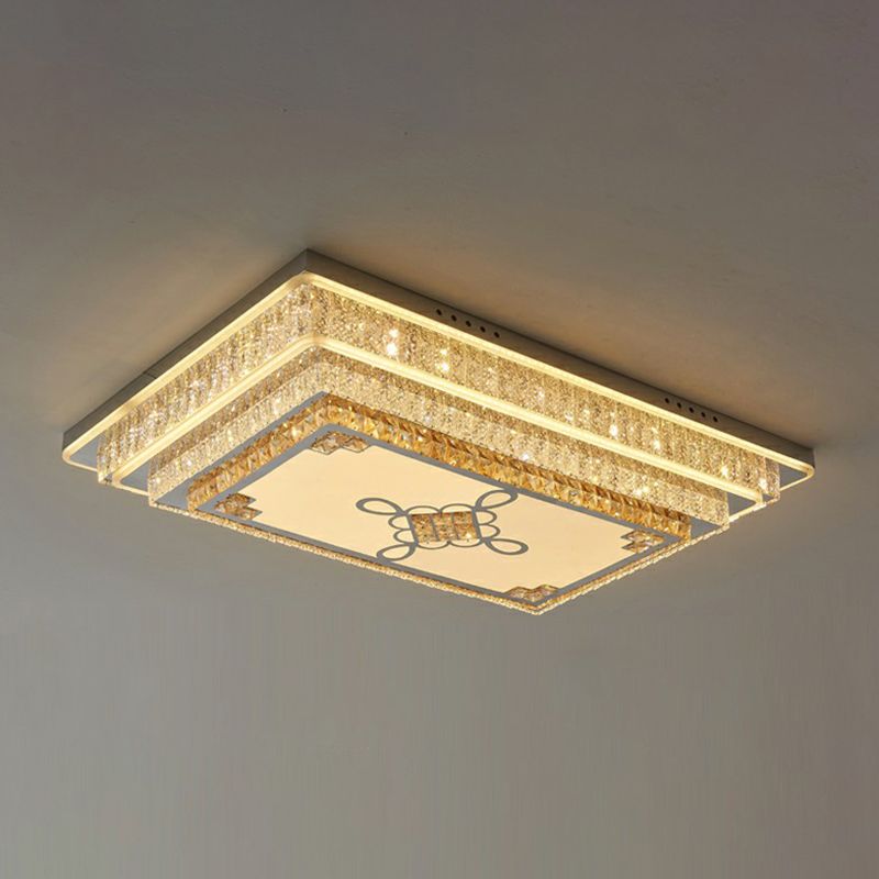 Contemporary Rectangle LED Flush Mount K9 Crystal Living Room Ceiling Light Fixture in Clear