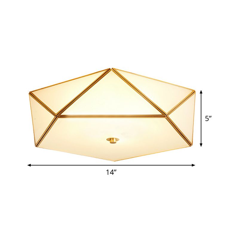 Beveled Box Hotel Flush Mount Frosted White Glass Single Post-Modern Ceiling Light in Gold, 14"/18" Width