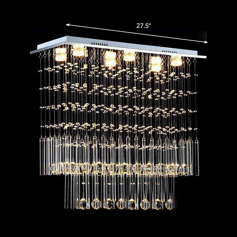Clear Crystal Cascade Flush Light Simple 6 Lights Nickel Close to Ceiling Lighting Fixture for Restaurant