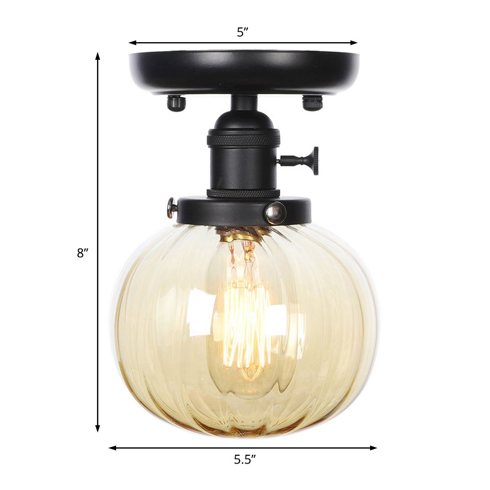 Black 1 Light Ceiling Mount Clear/Amber Glass Industrial Round/Globe Semi Flush Light for Kitchen