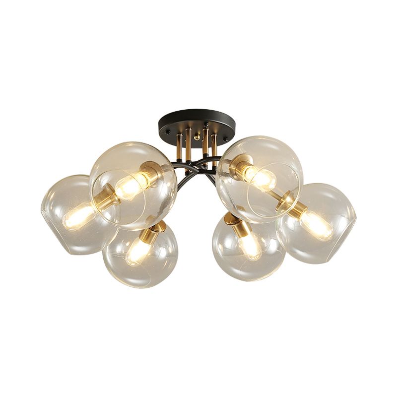 6 Heads Hotel Semi Flush Mount Vintage Black Ceiling Lighting with Orb Smoke/Clear Glass Shade