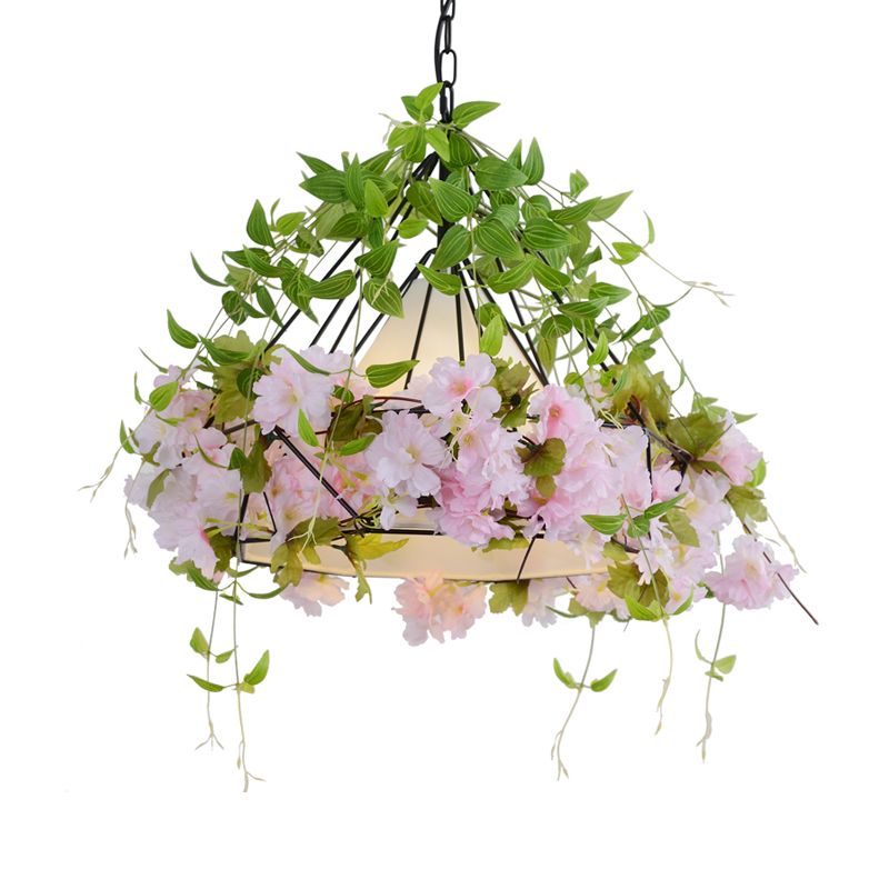16.5"/19.5" W Black Diamond Cage Suspension Light Vintage Iron 1 Light Flower Restaurant Pendant with Fabric Shade