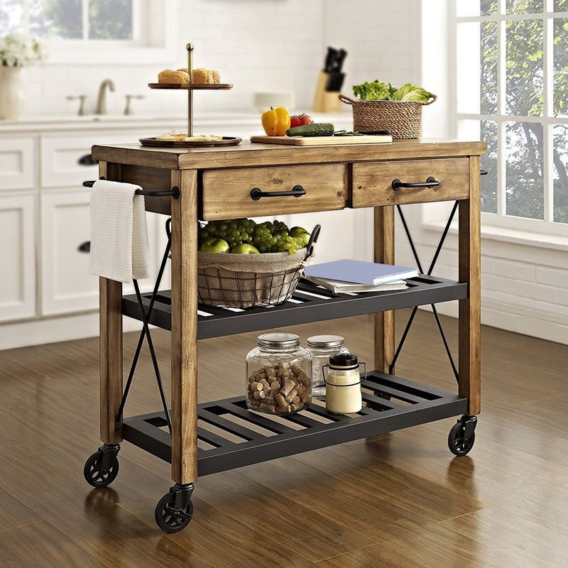Contemporary Wood Kitchen Cart Rolling Metal Kitchen Cart with Open Storage