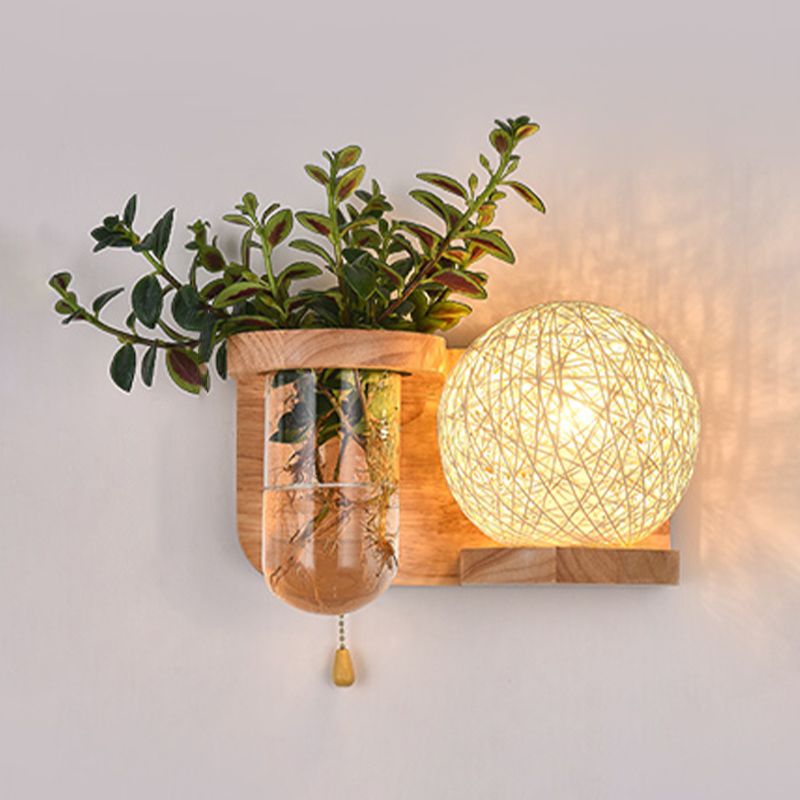 Japanese Style Wooden Wall Lamp Geometry Wall Light for Bedroom (Flowerpot Not Included)