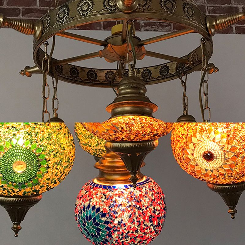Globe Ceiling Chandelier Retro Colorful Glass 7 Heads Bronze Pendant Lighting Fixture for Living Room