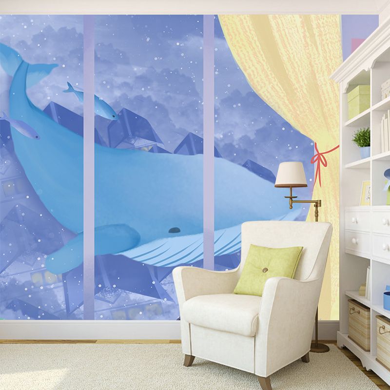 Whale Outside the Window Mural Purple-Yellow Childrens Art Wall Covering for Kids Room