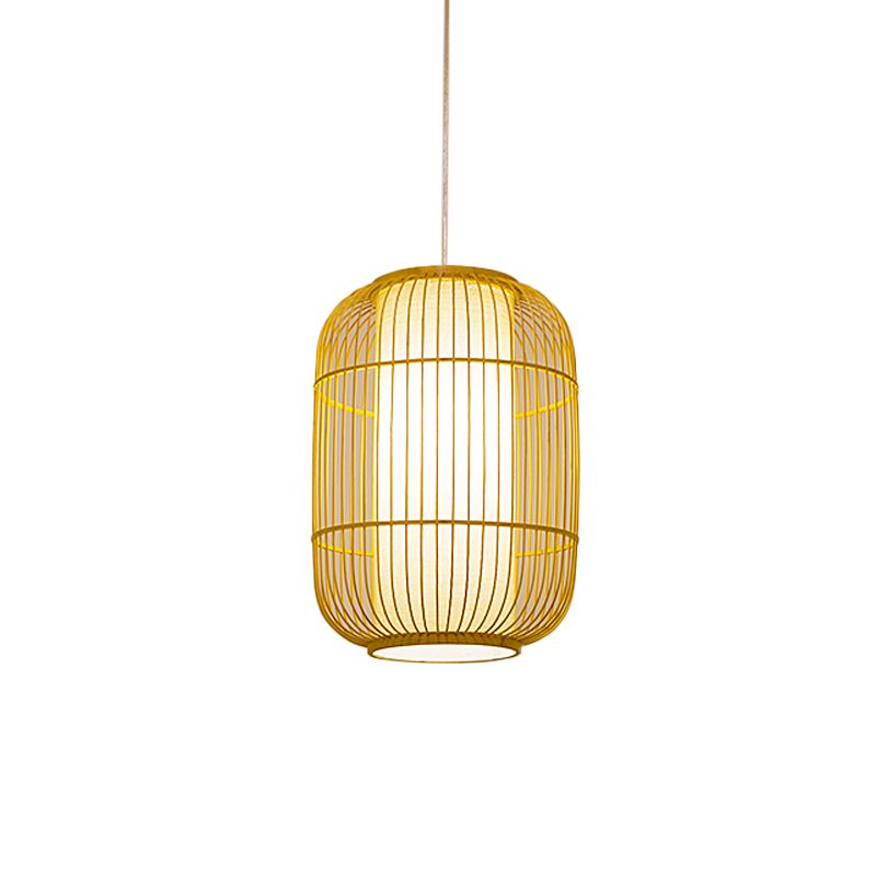 Beige Elongated Oval/Barrel Drop Pendant Asian 1-Light Bamboo Ceiling Hanging Lantern, 16"/19.5"/31.5" Height