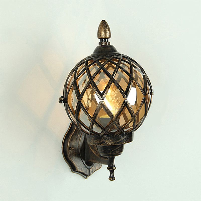 1 Light Amber Glass Wall Sconce Light Industrial Black Globe Dining Room Lighting Fixture with Cage