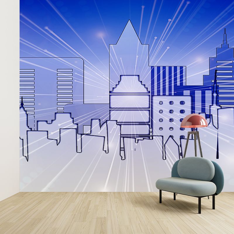 City Building Illustration Moisture Resistant Mural Wallpaper for Meeting Room