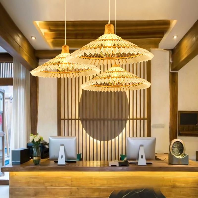 Umbrella Shade Tea Room Suspension Lighting Bamboo 1 Head Minimalist Pendant Ceiling Light in White