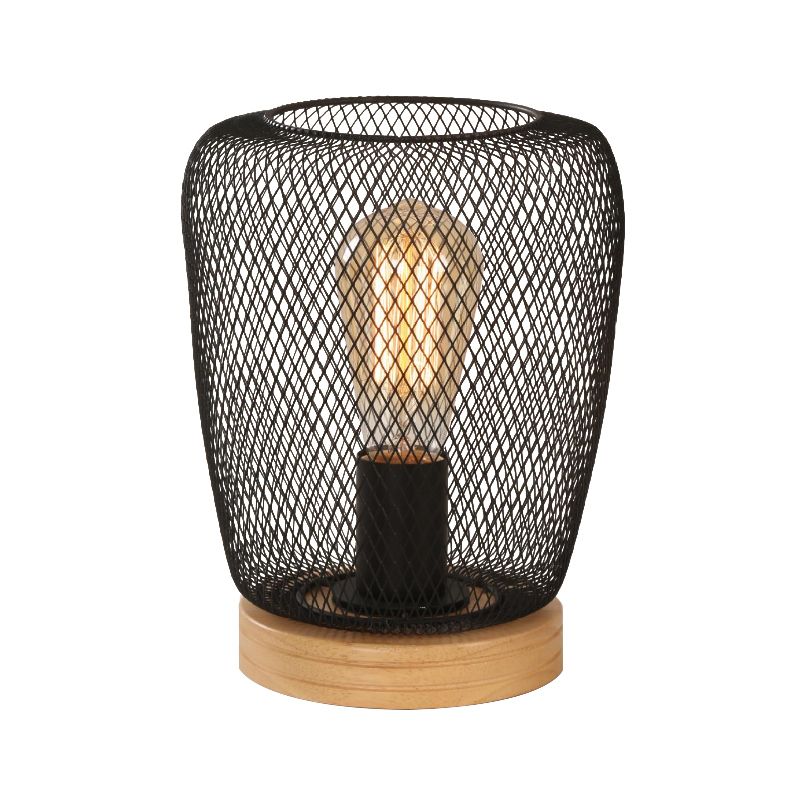 1 lampe de table de bulbe industrielle élégante poire / barillet ombre en métal et lampe à tâche en bois avec garde de fil en noir pour chambre à coucher