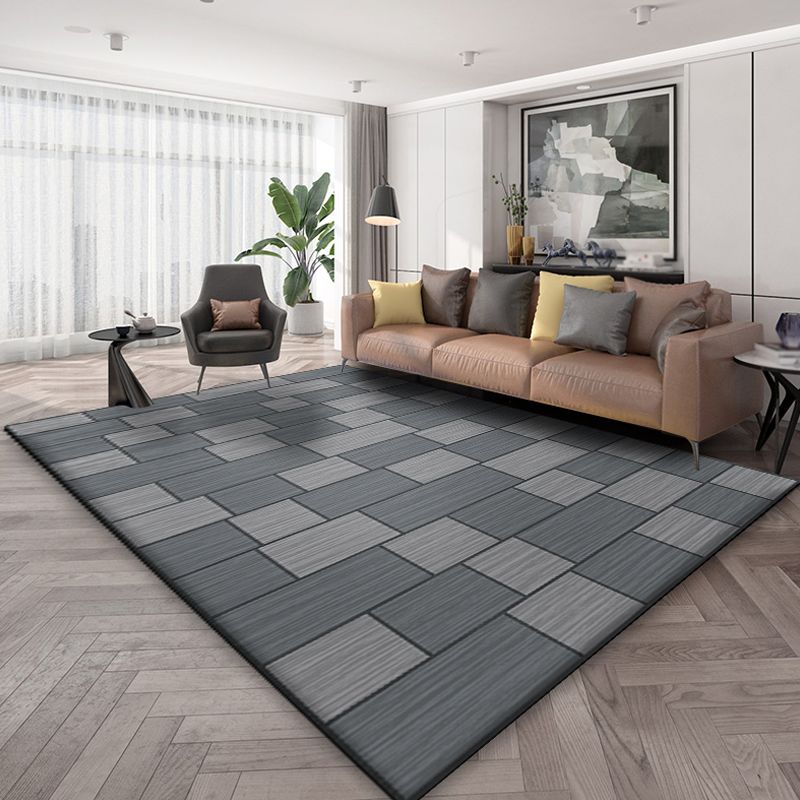 Grey Living Room Rug Minimalist Geometric and Plaid Pattern Rug Polyester Washable Anti-Slip Backing Pet Friendly Carpet