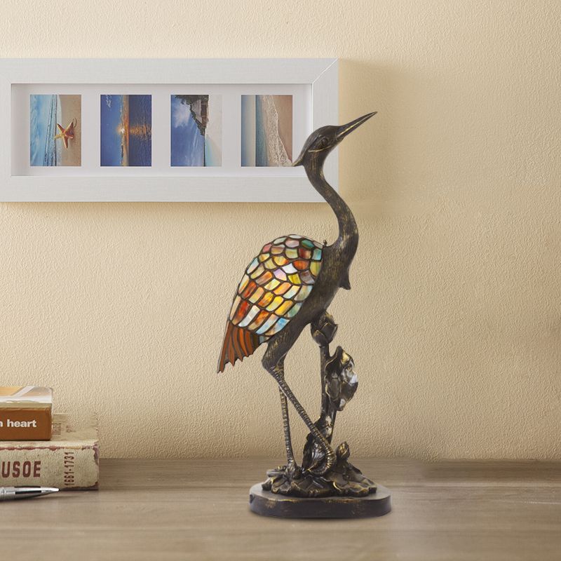 1 Light Table Lighting Tiffany Crane Shape Stained Glass Plug-In Night Lamp in Bronze with Resin Base