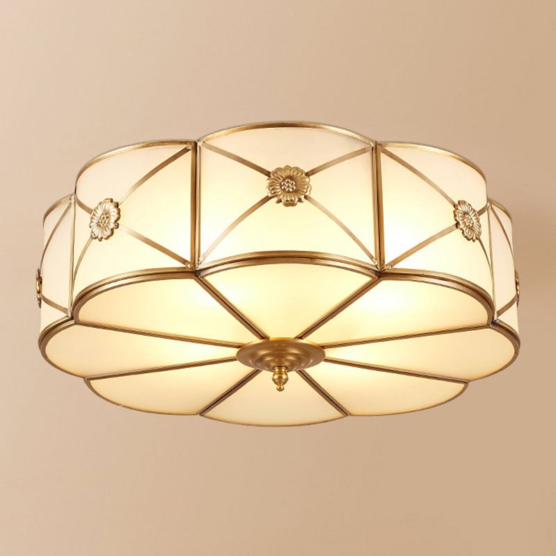 White Frosted Glass Drum Ceiling Light Traditional Rustic Style Brass Lighting Fixture for Bedroom Living Room