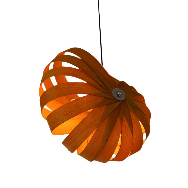 1 Head Restaurant Ceiling Light Asian Yellow Pendant Lighting Fixture with Curvy Wood Shade