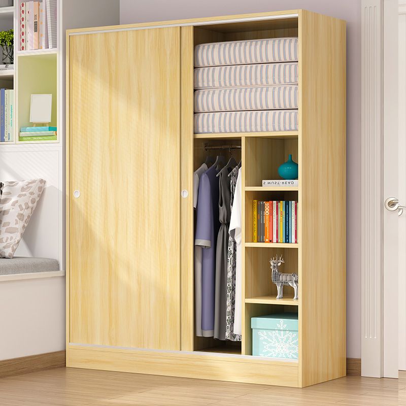 Sliding Door Wardrobe Cabinet with Garment Rod Wooden Wardrobe Closet