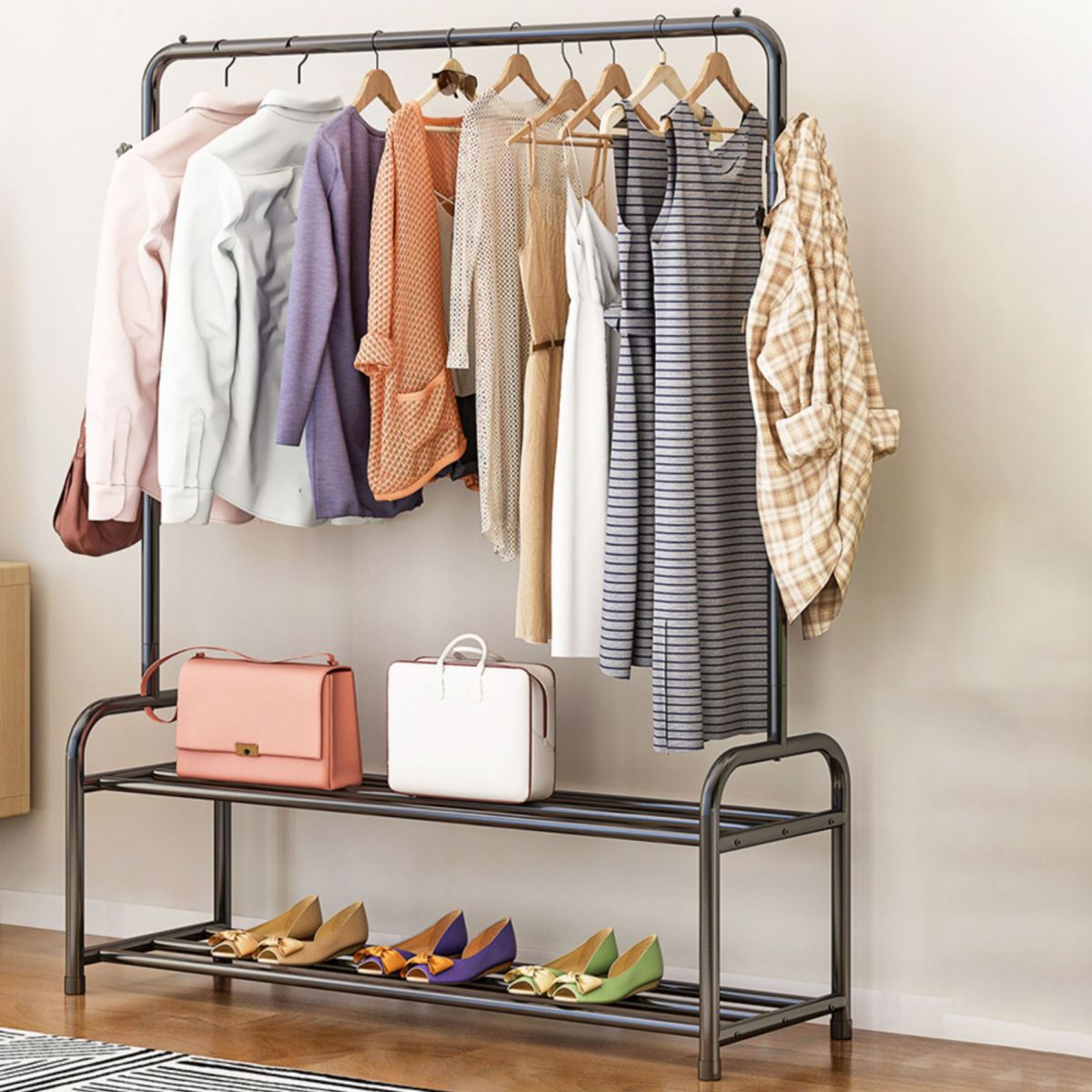 Contemporary Metal Open Armoire Black and White Cabinet with Caster Wheels