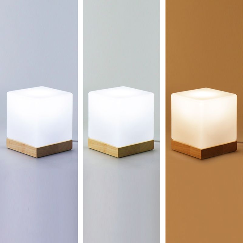 Contemporary Style Wood Desk Lamp White Glass Shade Table Light for Cafe Shop
