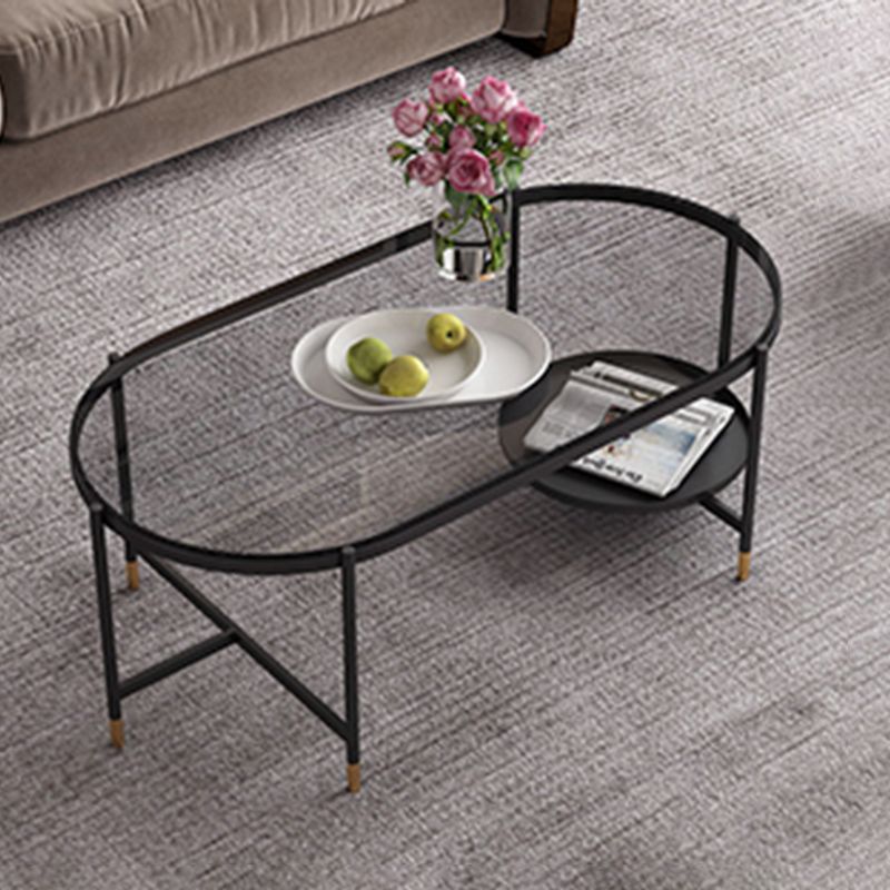 Contemporary Elliptical Glass & Slate Coffee Cocktail Table with Storage Shelf