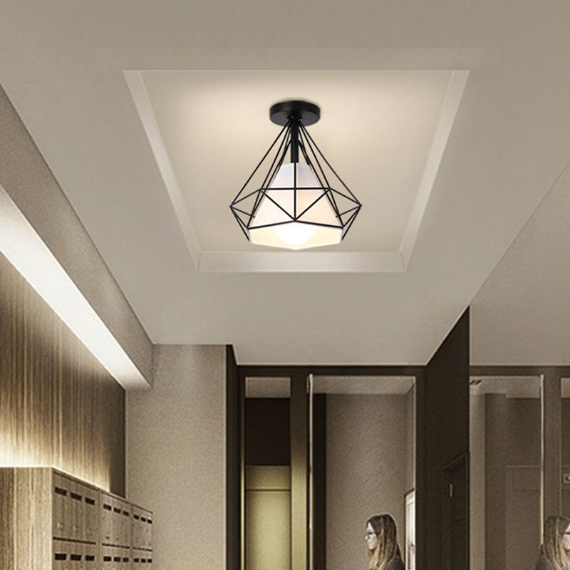 Diamond Cage Semi Flush Mount Light Fixture Industrial Iron Ceiling Mounted Fixture for Corridor