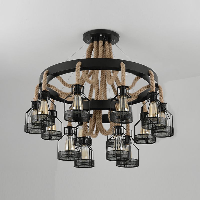 Chandelier Lamp Industrial Cage Metal Hanging Light with Hanging Rope for Dining Room