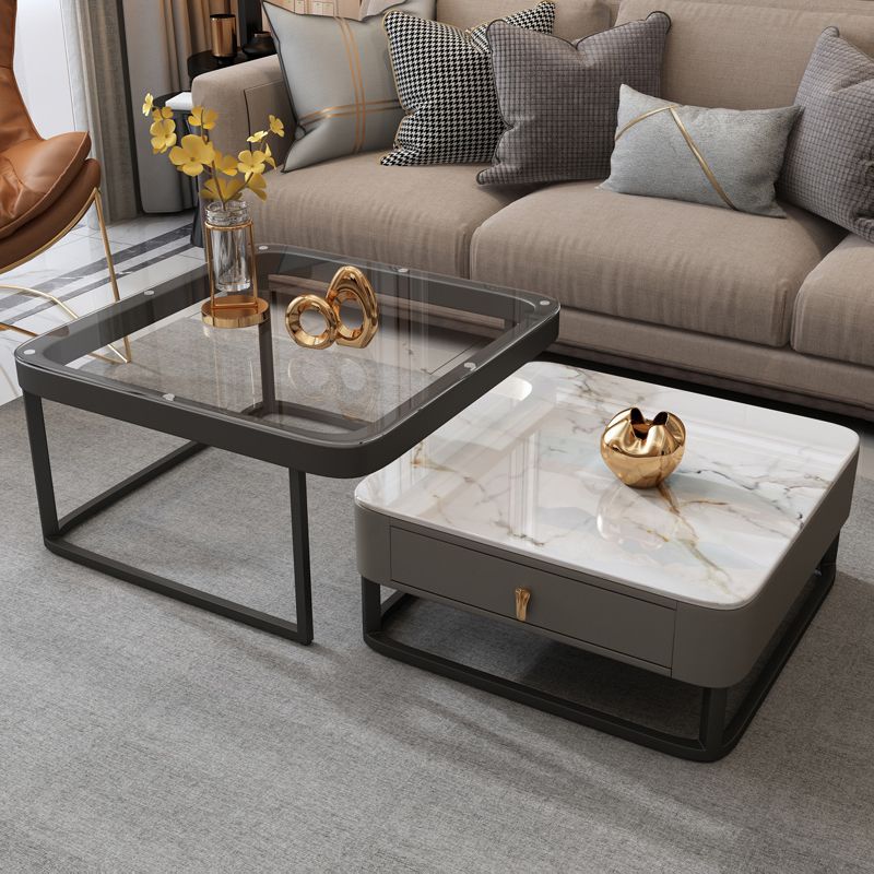 Coffee Table with a Framed Base and a Glass Top Made of Square Slate
