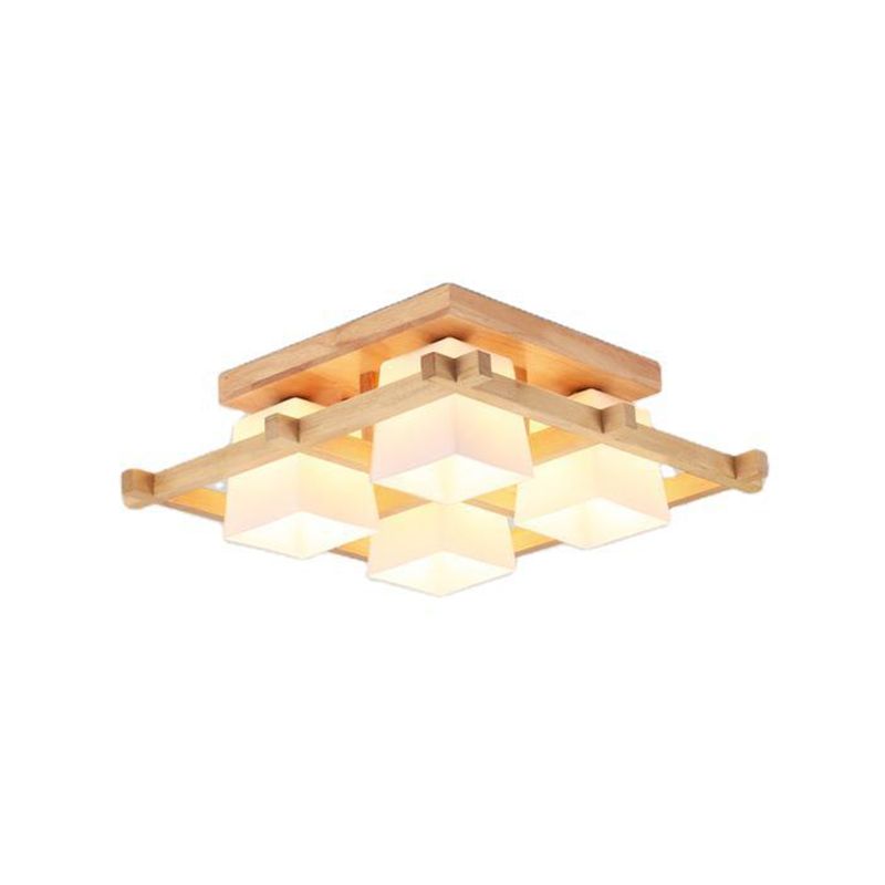 Log Color Geometric Ceiling Light in Modern Concise Style Wooden Indoor Flush Mount with Glass Shade