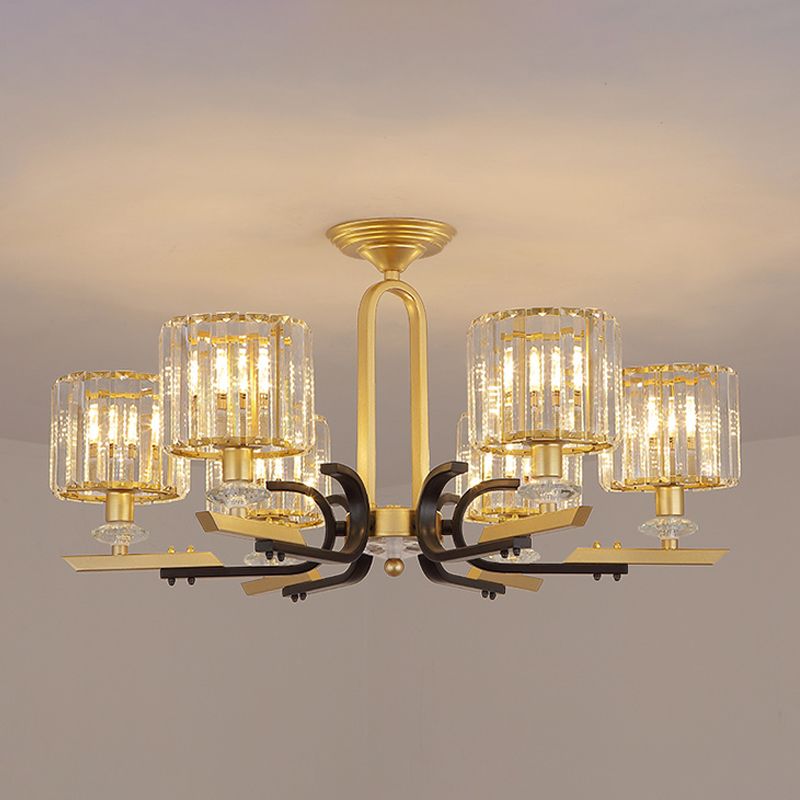 Drum Close to Ceiling Lamp Modernist Prismatic Crystal 3/6 Bulbs Gold Semi Flush Mount Chandelier