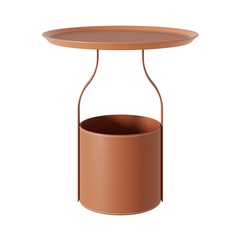 Metal Round Tray Top Side Table 20.9" Tall Leather Pedestal End Table with Storage