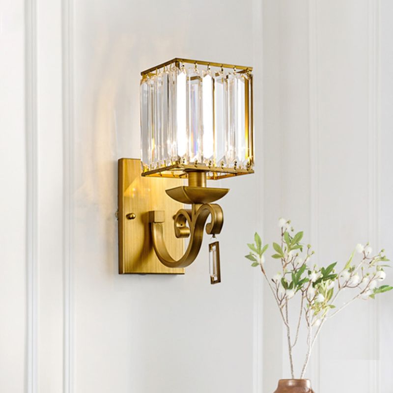 Modernist Cuboid Wall Light Sconce 1-Bulb Crystal Block Wall Mount Lamp Fixture in Brass