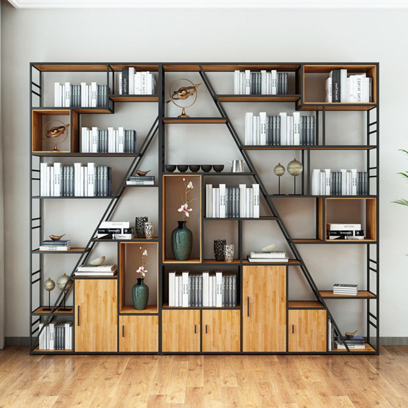 Metal and Wooden Shelf Bookcase with Doors Modern Bookshelf for Office