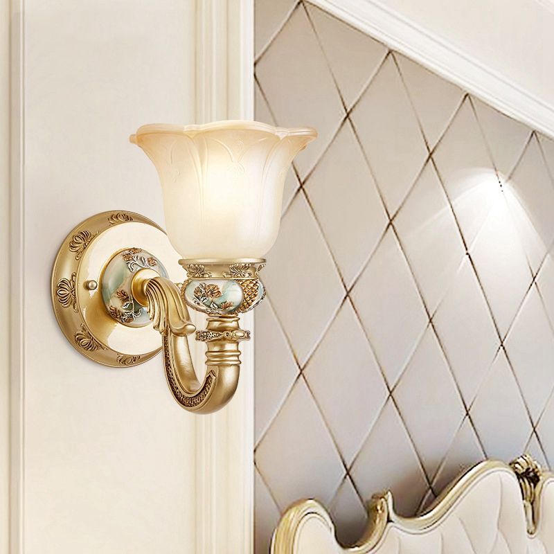 1 Bulb White Glass Wall Sconce Traditional Gold Floral Shade Dining Room Sconce Light with Arched Arm