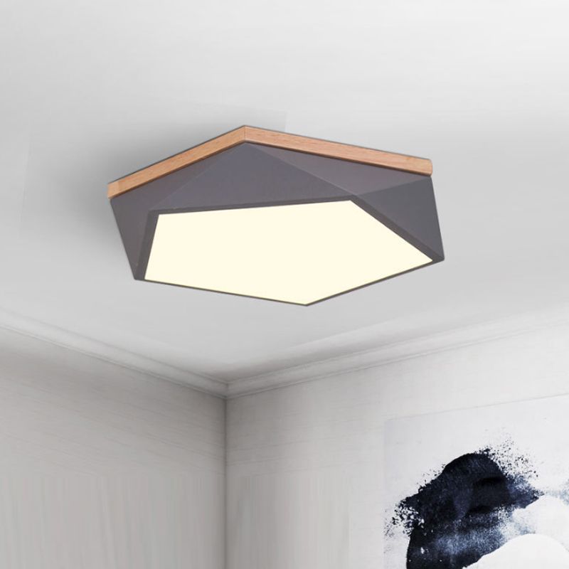 Plafonnier à facettes Macaron métallique 16"/19,5" W LED pour chambre à coucher en blanc/gris/vert avec auvent en bois