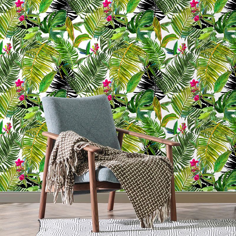 Green and Red Minimalist Wallpaper 29.1 sq ft. Palm Tree Wall Covering for Thai Restaurant