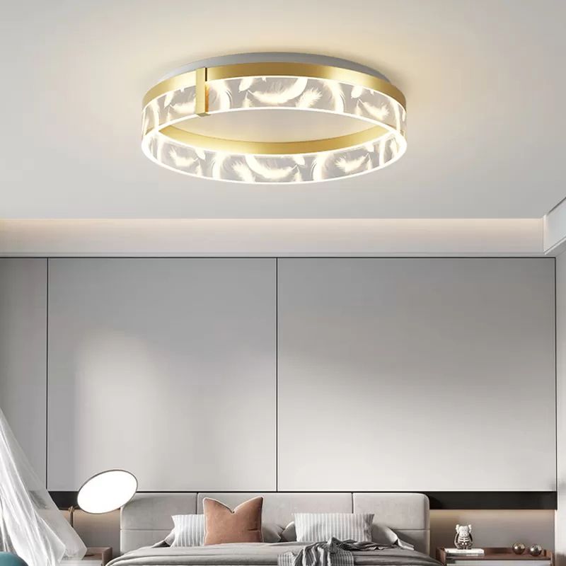 Circular Acrylic Feather LED Flush Mount in Modern Romantic Style Wrought Iron Ceiling Light for Dining Room