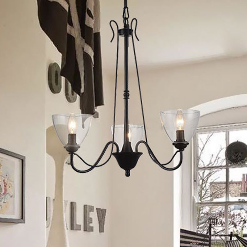 Black 3/5 Lights Pendant Chandelier Traditional Clear Glass Scroll Hanging Light with Cone Shade